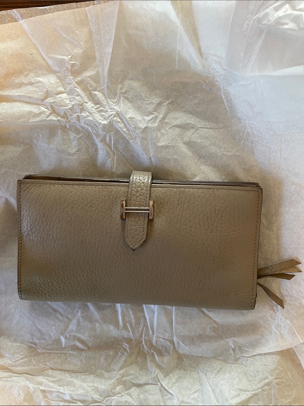 Hermes Bearn Taupe/Etoupe Long Pebbled Leather Wallet Bag Included